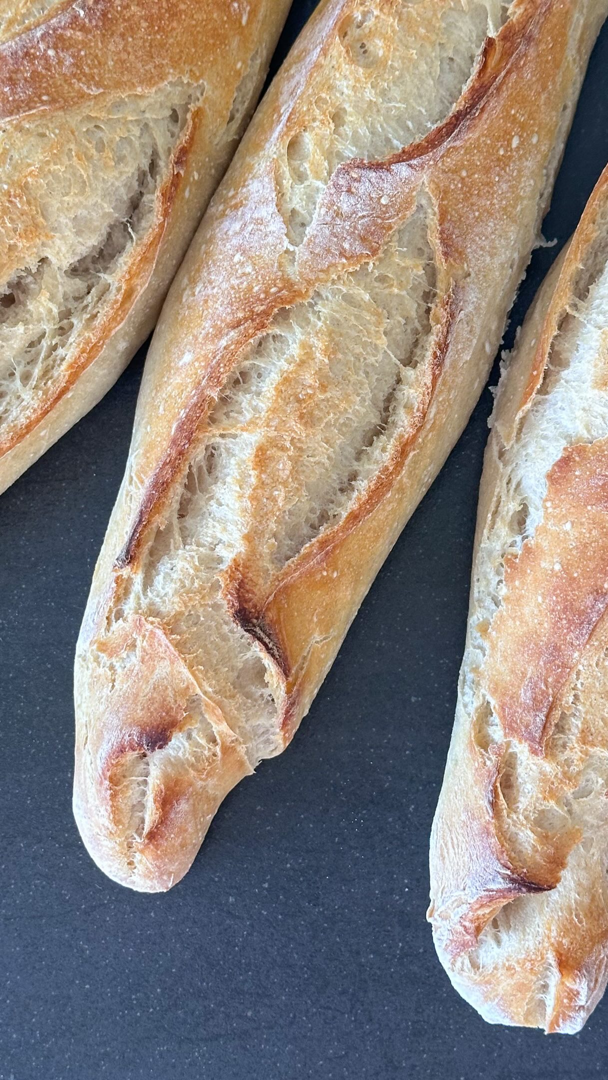 Gibt’s was Besseres als frisches Baguette mit Butter und Käse? 🥖🧈🧀 

Für diese super krossen und saftigen Baguettes benötigt ihr nur Mehl, Wasser, Salz und Sauerteig, der auch nur aus Wasser und Mehl besteht. Also los geht’s 🙌🏻🇫🇷

Sauerteig: 50g Roggensauerteig, 50g Roggenmehl 1150, 100g Manitobamehl (oder 550)und 150ml Wasser miteinander verrühren und abgedeckt für 5h reifen lassen. 

Den Sauerteig, 220 ml Wasser, 150g Manitobamehl (oder 550), 270g Weizenmehl 550 und 100g Weizensauerteig kurz miteinander verkneten und dann für 1 Stunde stehen lassen.
Zwei Teelöffel Salz dazugeben und für 5 Minuten kneten.
Bei Zimmertemperatur für 2 Stunden ruhen lassen und jeweils nach 1 Stunde dehnen und falten. Dann über Nacht im Kühlschrank ruhen lassen (Ich habe meinen erst am Nachmittag aus dem Kühlschrank genommen).
In drei Teile teilen und zu Baguettes formen, dann einschneiden. Bei 230°. Ober Unterhitze führt circa 25° backen.

#brotbacken #sauerteigbrot #gesundbacken #zuckerfreierezepte #darmgesundheit