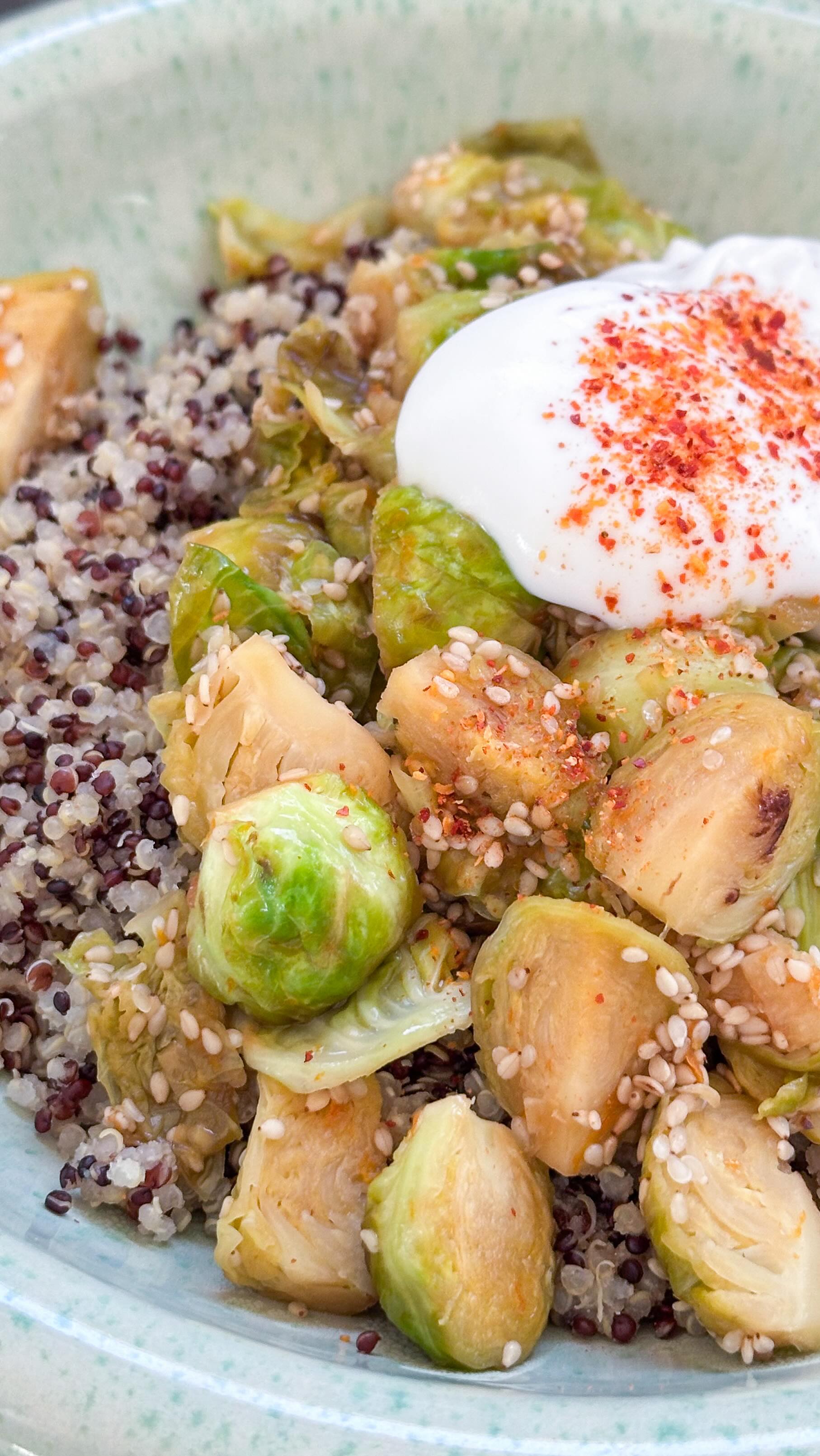 Orangen Miso Rosenkohl - ab sofort werdet ihr Rosenkohl lieben, versprochen! 🤞🏻 

500g Rosenkohl halbieren oder vierteln. Zusammen mit einer klein gehackten Knoblauchzehe und 1 Esslöffel Kokosöl (von @koro_de ) in eine Pfanne geben und anbraten. Mit 2 Teelöffel Misopaste, 1 Esslöffel Sojasauce und dem Saft und Abrieb einer Orange ablöschen. Ein paar Minuten köcheln lassen. 2 Esslöffel Sesam und 10g Butter dazugeben. 
Wenn der Rosenkohl gar ist noch mit Salz und Pfeffer abschmecken und dann zusammen mit Quinoa, Reis oder Couscous servieren. 

Ich gebe noch Kokosjoghurt dazu und streue Piment d‘Espelette von @spice_bar darüber. 

🌶️ bei @spice_bar spart ihr mit spicyhuegel 5€ auf eure Bestellung. 

👩🏼‍🍳 bei @koro_de spart ihr mit FRAUHUEGEL 5% auf alles. 

#gesundeernährung #gesunderezepte #veganerezepte #darmgesundheit #pflazlicheernährung